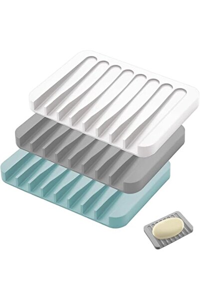 Arabest 3PCS Silicone Soap Dish, Rectangular, Dark Gray + White + Light Green, Non-Slip