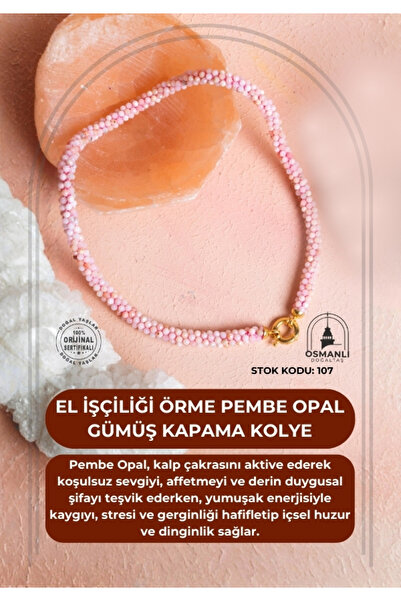 OSMANLI DOĞAL TAŞ Certified Handcrafted Knitted Pink Opal Silver Closure Necklace (Sk:107)