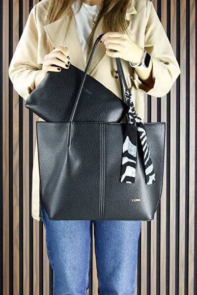 Erkan Saçmacı Black Vegan Magnetic Closure Large Size Casual Shoulder Bag and Handbag with Strap