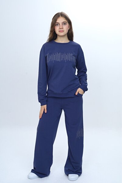 Toontoy Girl's 2-Piece Set Stone Embroidered & Crew Neck Sweatshirt & Wide Leg Sweatpants with Pockets
