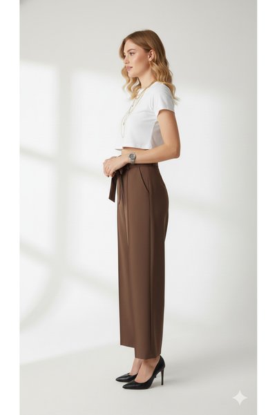 ribana Women's High Waist Wide Leg Pants with Pockets, Elastic Waistband, and Tie-Up Fabric Trousers