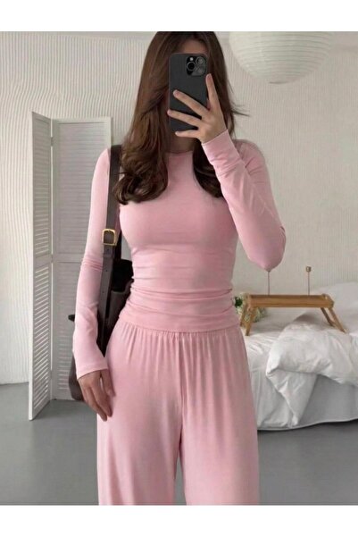 BALİNA Slim Fit Long Sleeve Blouse Lace-Up Wide Leg Basic Tracksuit Set