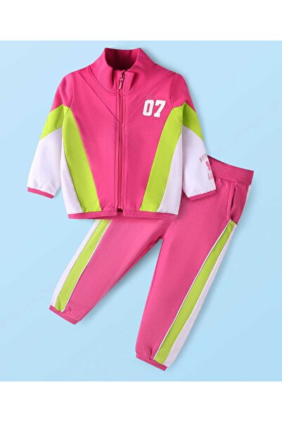 Babyhug Terry Knit Full Sleeves Sweatjacket & Lounge Pants Set with Cut & Sew Design - Pink & Green