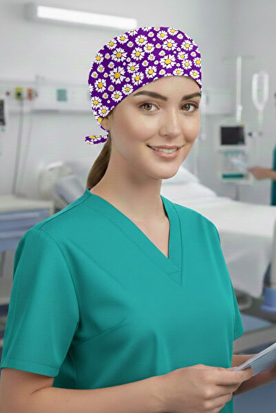 Lion Üniforma Mor Papatya Desenli Cerrahi Bone Unisex – Likralı Doktor Hemşir...