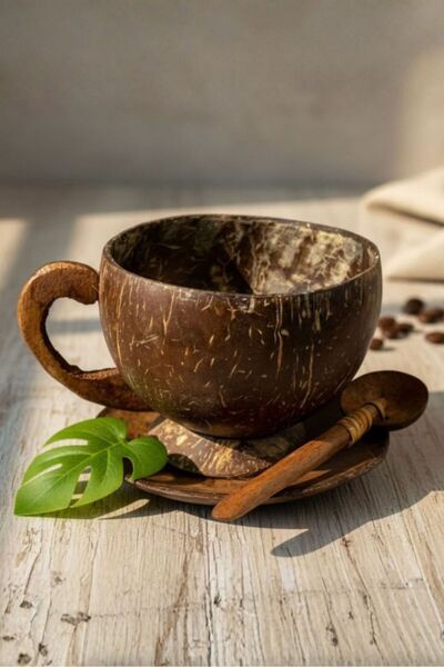 Uretti - مجموعة أكواب زخرفية مصنوعة يدويًا من جوز الهند (كوب - صحن - ملعقة) - 5711 5399