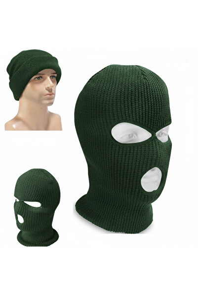 zola Balaclava, 3 eye and mouth holes, knitted, universal, polyacrylic, 37 x 21 cm, dark green