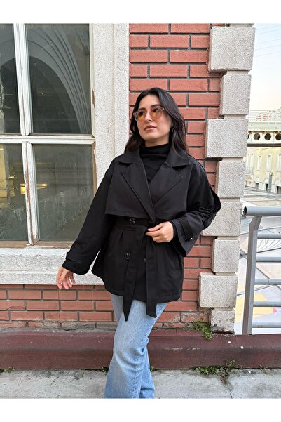 derrymore Kısa Kruvaze yaka Rüzgarlık Detaylı Kuşaklı Trençkot Siyah