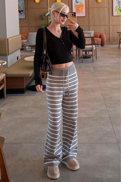 Seeh Gray Striped Women's Knitwear Pants Sh333