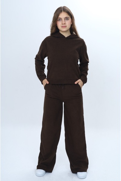 Toontoy Girl's 2-Piece Set Hooded Off-Shoulder Sweatshirt Wide-Leg Sweatpants with Pockets & Velvet