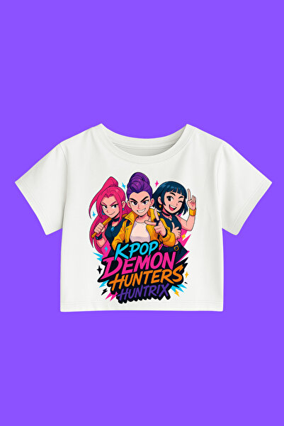 MECH BUTİK Crop-Top imprimat K-Pop Demon Hunters Huntrix este slim fit.