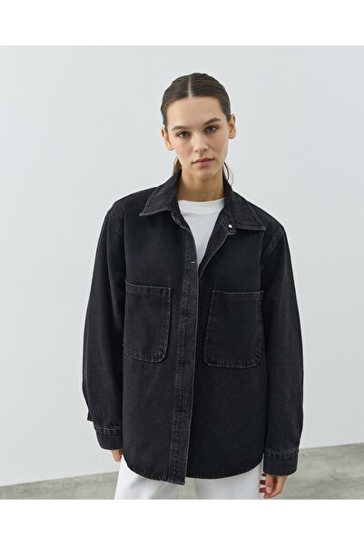 Aybikestil Unisex Çift Cepli Jean Ceket Füme