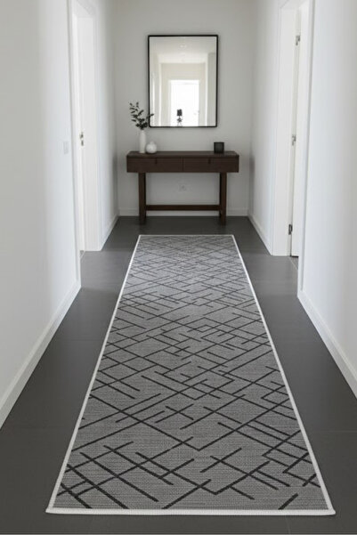 VOPTEKS Gri Siyah Yolluk Makinede Yıkanabilir Halı Kaymaz Taban Halı