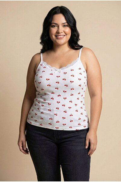 JENİKA Patterned Plus Size Combed Cotton Tank Top - Elegant Lace Collar