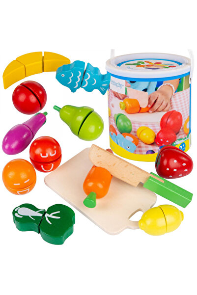 kinderplay Set pentru taiat fructe si legume din lemn, cu prindere Velcro, in...