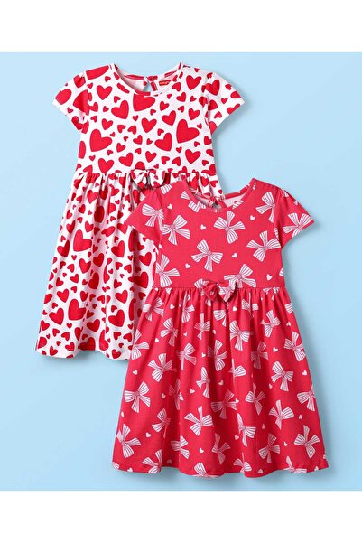 Babyhug Babybug 100% Cotton Half Sleeves Hearts & Bow Printed Dresses with Bow Applique (Pack of 2) - Red