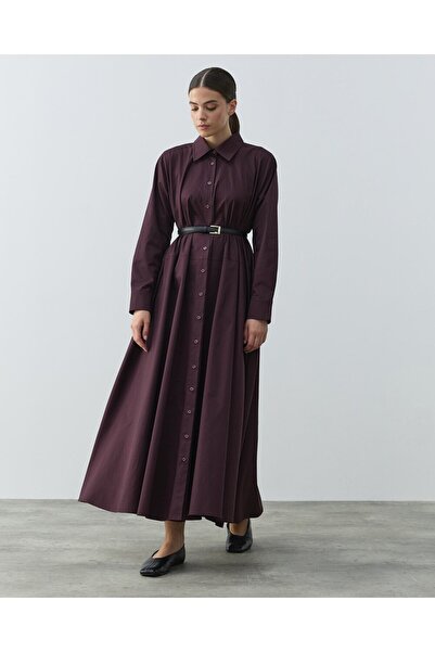 Aybikestil Paper Gabardin Geniş Gömlek Elbise Mürdüm