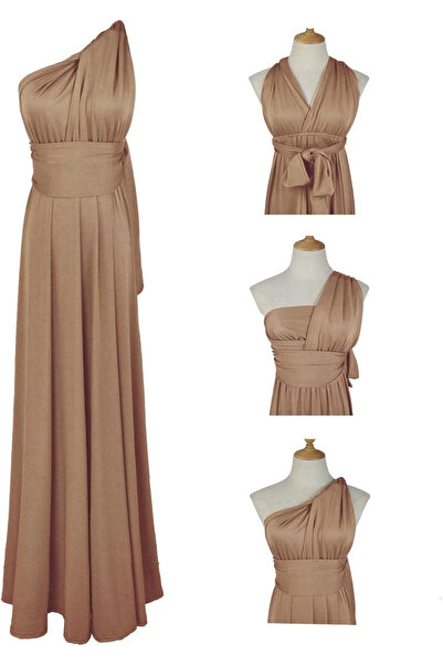 OEM Κομψό μακρύ βραδινό φόρεμα με ρυθμιζόμενες τιράντες για παράνυμφους - Καφέ, Μέγεθος S