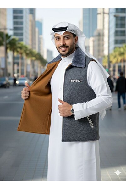 Generic Double-faced winter vest with a distinctive design, high-quality fabric, and a traditional Sadu-style fur collar.