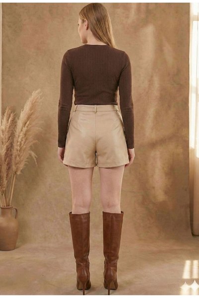 LEY COLLECTİON Women Shorts Faux Leather High Waist Comfortable Fit Leather Shorts