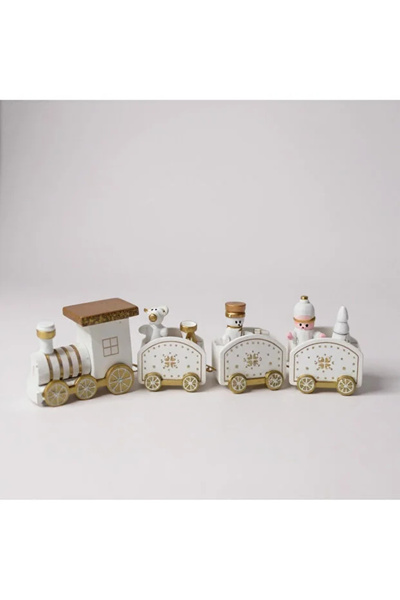 Haneliya Ahşap Dekoratif Noel Treni - Vagonlu – Renkli Yılbaşı Dekoru - Beyaz