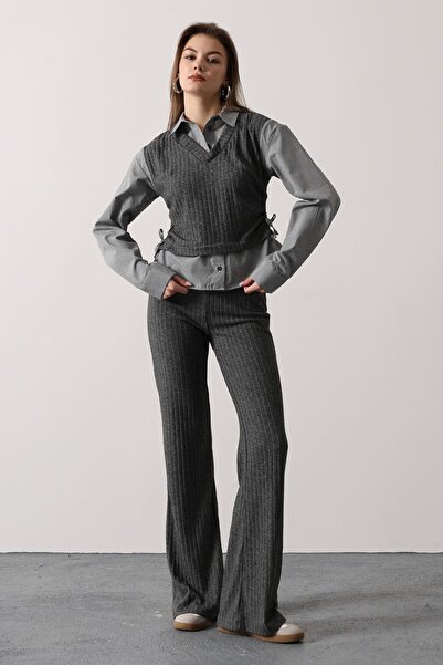 cemo Kemerli Yelek Detaylı Çizgili Pantolon Takımı