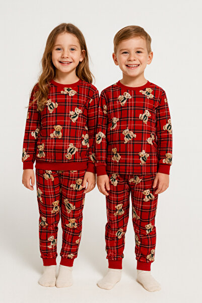 zepkids Bisiklet Yaka Ayıcık Baskılı Kırmızı Renk Unisex Çocuk Pijama Takımı