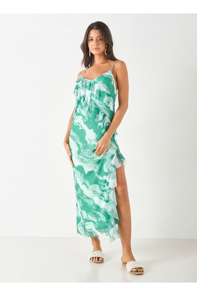 FAV All-Over Print Sleeveless Dress with Ruffles and Slit Detail