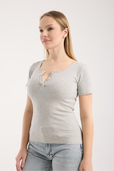 G-FOX Women's Corded Fabric Ribbed Knit Patch Snap Button Short Sleeve Fitted Cotton T-Shirt 6001