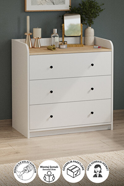 Bofigo 3 Çekmeceli Şifonyer 6 Bölmeli Şifonyer Dolap Yatak Odası Dolabı Begüm Safir Meşe Beyaz