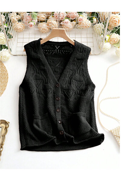 ATE ÖZGÜNEŞ TRİKO TEKSTİL Buttoned, Single Row of Pockets, Knitted Mother's Vest