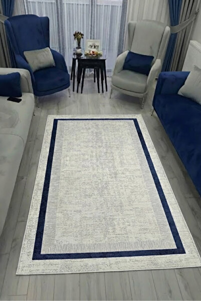 VOPTEKS Lacivert Gri Salon Halısı Makinede Yıkanabilir Halı Kaymaz Taban Halı