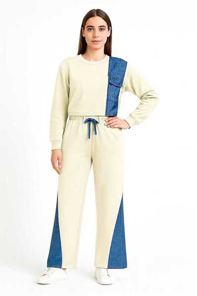 ANATOLIATEKSTILE Casual Women's Set – Crop Top & Wide Leg Pants, Cotton with Denim Inserts