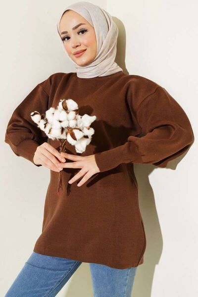 EGELİMODA Watermelon Sleeve Long Knitted Brown Tunic Sweater