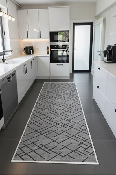 VOPTEKS Gri Siyah Mutfak Halısı Makinede Yıkanabilir Halı Kaymaz Taban Halı