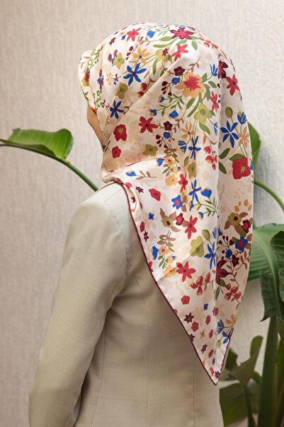 Vissona Tivil Silk Scarf 60909 - 3 - 0003 - 0018 Cream Burgundy Floral Pattern