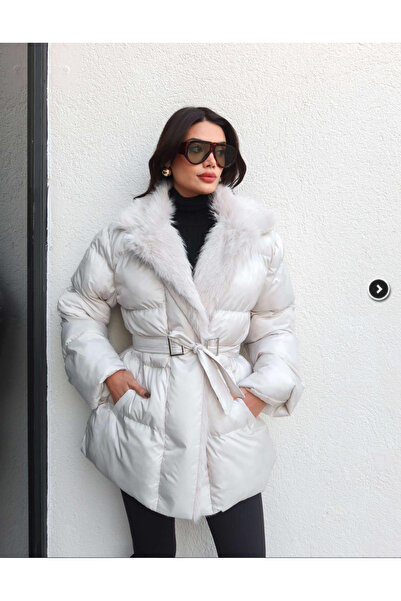 ELAYF Yaka Kürk Krem Kemerli Şişme Mont