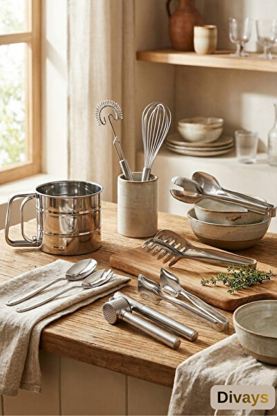 DİVAYS طقم تحضير وتقديم فاخر من الفولاذ المقاوم للصدأ مكون من 9 قطع |   ملاقط، مضرب، منخل، مطحنة