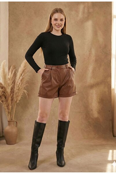 LEY COLLECTİON Kadın Şort Suni Deri Yüksek Bel Rahat Kalıp Deri Şort