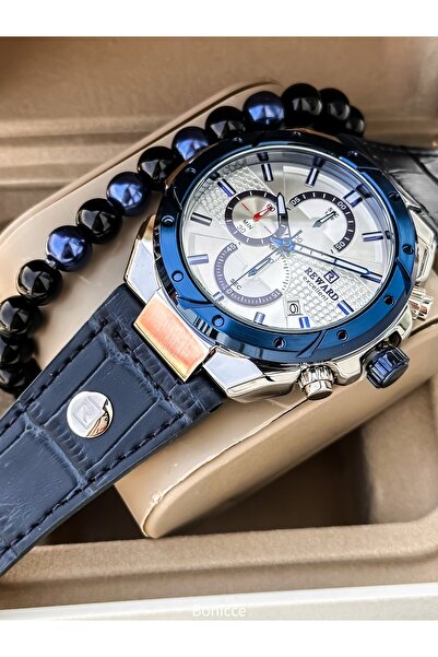 Reward سوار جلدي باللون الأزرق الداكن، ومينا أبيض، وساعة يد رجالية بوظائف نشطة + سوار معصم