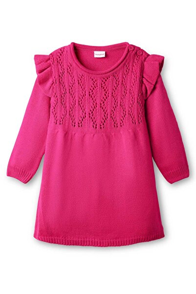 Babyhug Knit Full Sleeves Woollen Dress With Frill Detailing - Fuchsia