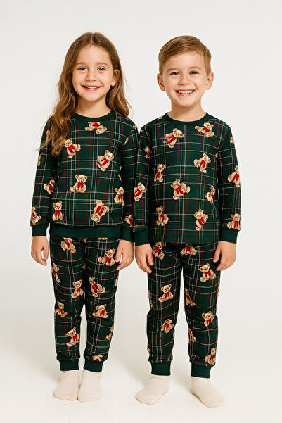 zepkids Crew Neck Teddy Bear Printed Green Color Unisex Children's Pajama Set