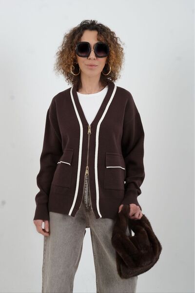 Zelish My Sister Coffee Contrast Piped Zippered Sophisticated Cardigan