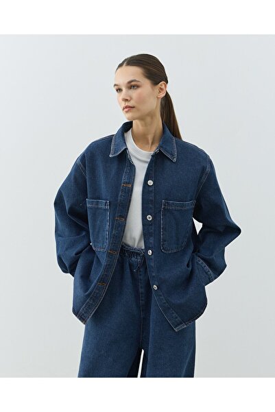 Aybikestil Unisex Çift Cepli Jean Ceket Mavi