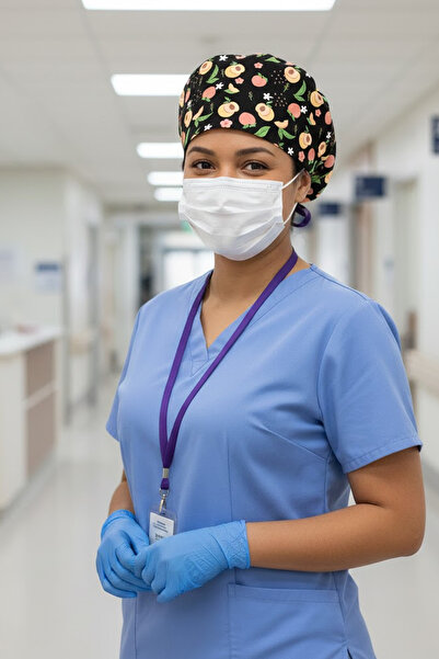 Lion Üniforma Şeftali Desenli Cerrahi Bone Unisex – Likralı Doktor Hemşire Bo...