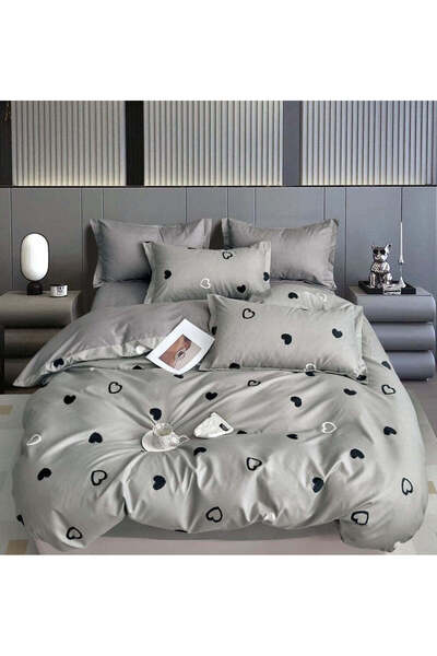 trendyhome 6-Piece Finet Cotton Fitted Bed Linen Set, Hearts, Gray (T 255)