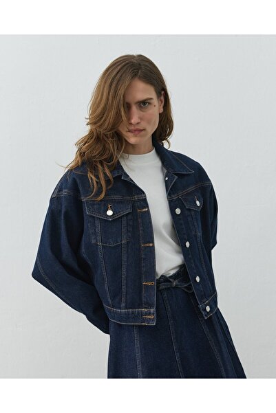 Aybikestil Yarasa Kol Kısa Jean Ceket Lacivert