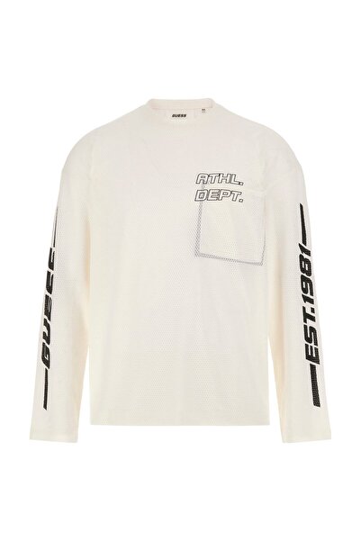 Guess Z5GI12KCR00G018 SLUG CN LS T-SHIRT Beyaz Yuvarlak Yaka Oversized Desenl...