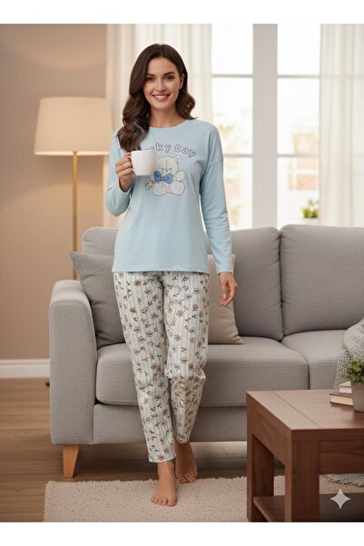 PİJALİNA TOPTAN PERAKENDE VE ONLİNE TEKSTİL 100% Cotton Spiral Fabric, Elastane Stretch, Long Sleeves, Breathable Comfortable Women's Pajama Set