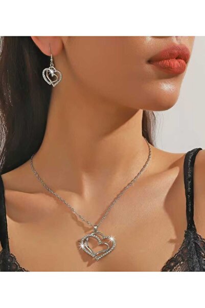 takıbahçesi Kalp Aşkı Takı Seti – 3 Parça Kolye Küpe Seti - Parlak Taşlı Zarif