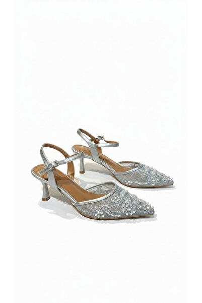 JOJO Women's mesh heel shoes with lace trim, decorated with stones and pearls